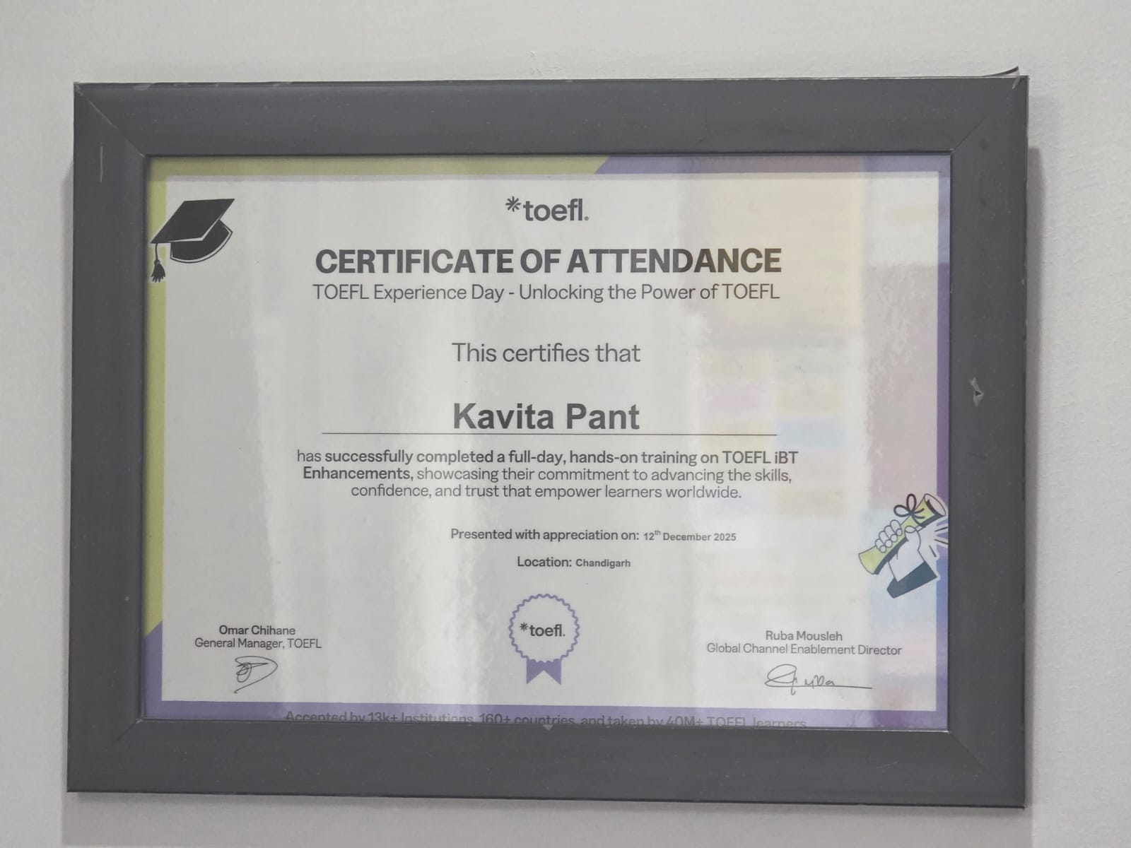 Certificate awarded to Kavita Pant of Highbrow Education