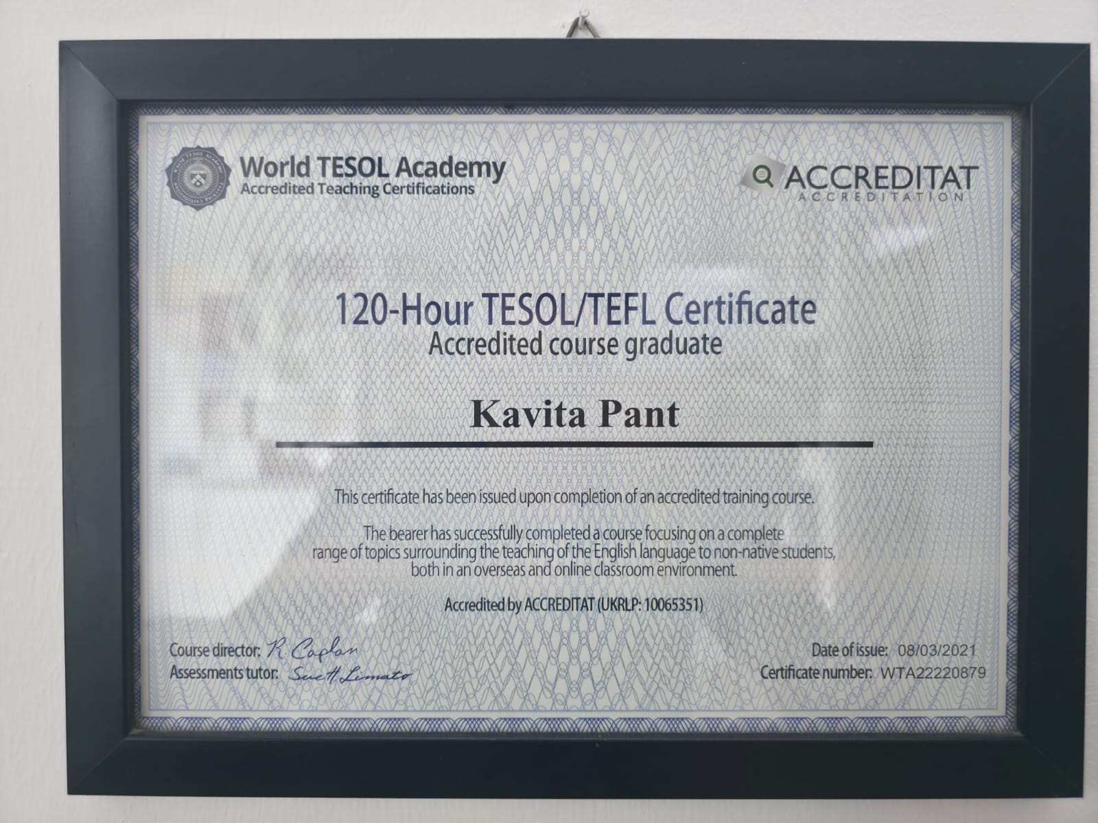 Certificate awarded to Kavita Pant of Highbrow Education
