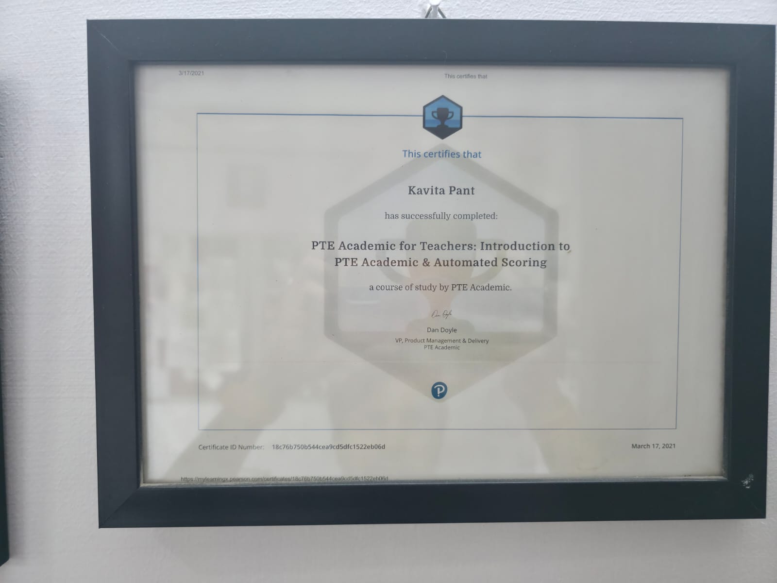 Certificate awarded to Kavita Pant of Highbrow Education